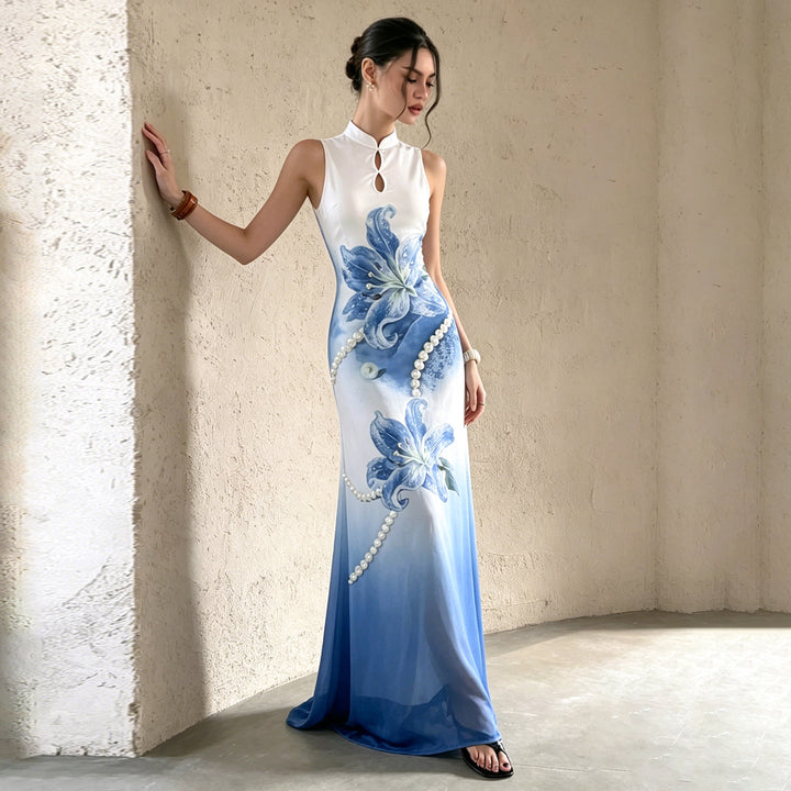 Damen Maxi-Kleid mit floralen Akzenten und elegantem Rundhalsausschnitt Echo Archiv
