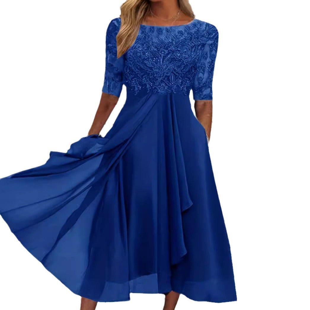 Damen nan elegantes Chiffon-Midikleid mit besticktem Spitzenoberteil und halblangen Ärmeln Echo Archiv