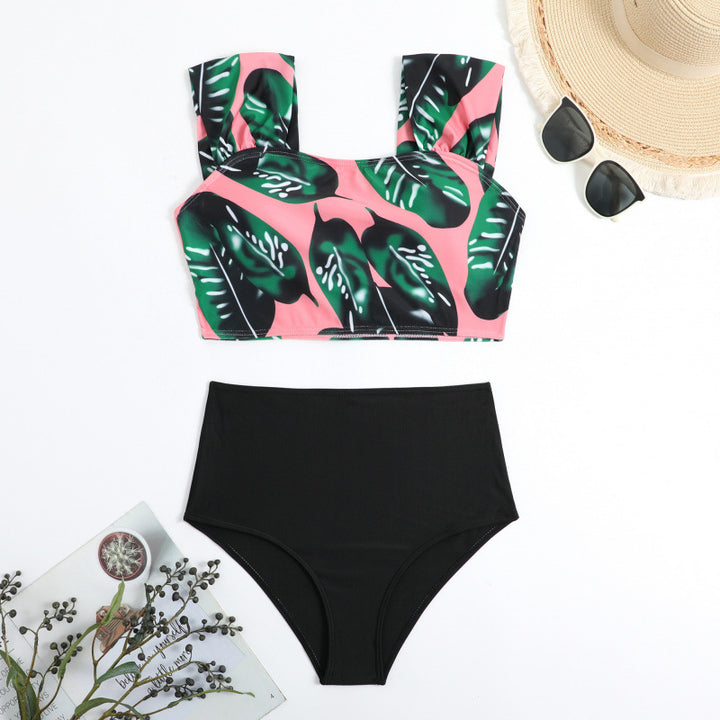 Damen Hochgeschnittener Bikini mit modischem Streifenmuster und floralem Unterteil Echo Archiv