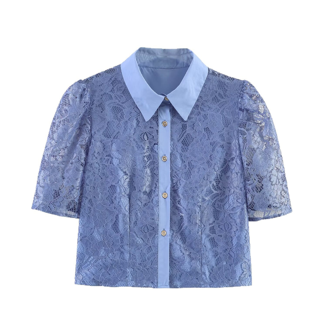 Damen Transparente Spitzenbluse mit Hemdkragen und Puffärmeln Echoarchiv