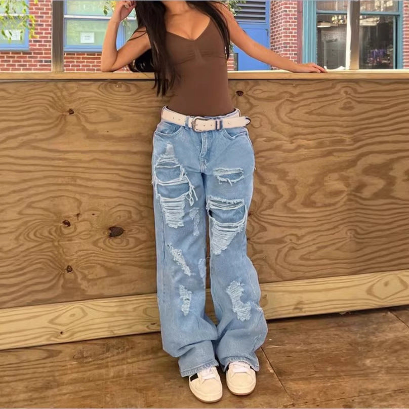 Damen Hochtaillierte Oversize-Baggy-Jeans mit starkem Destroyed-Look und tiefem Schritt Echo Archiv