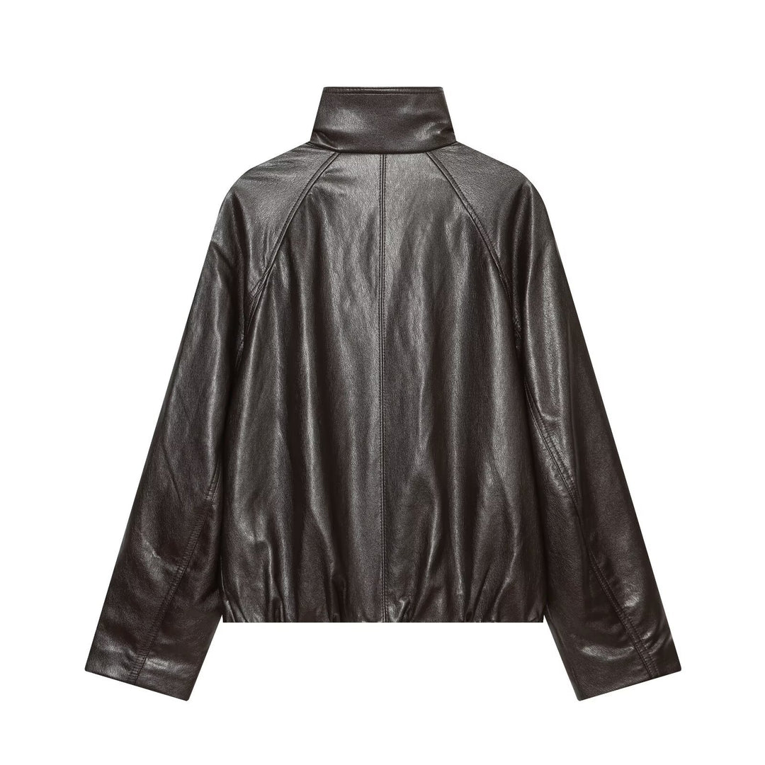 Damen Oversized Cropped Lederoptik‑Jacke mit hohem Stehkragen und Epauletten Echo Archiv