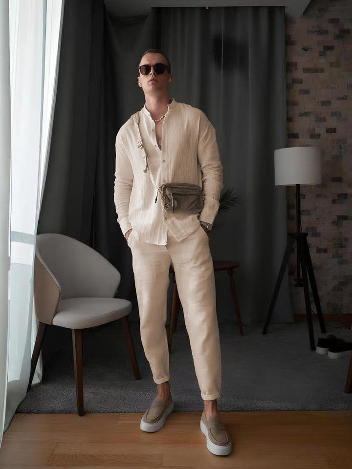 Herren elegantes Langarmhemd mit strukturiertem Gewebe und Knopfleiste Echoarchiv