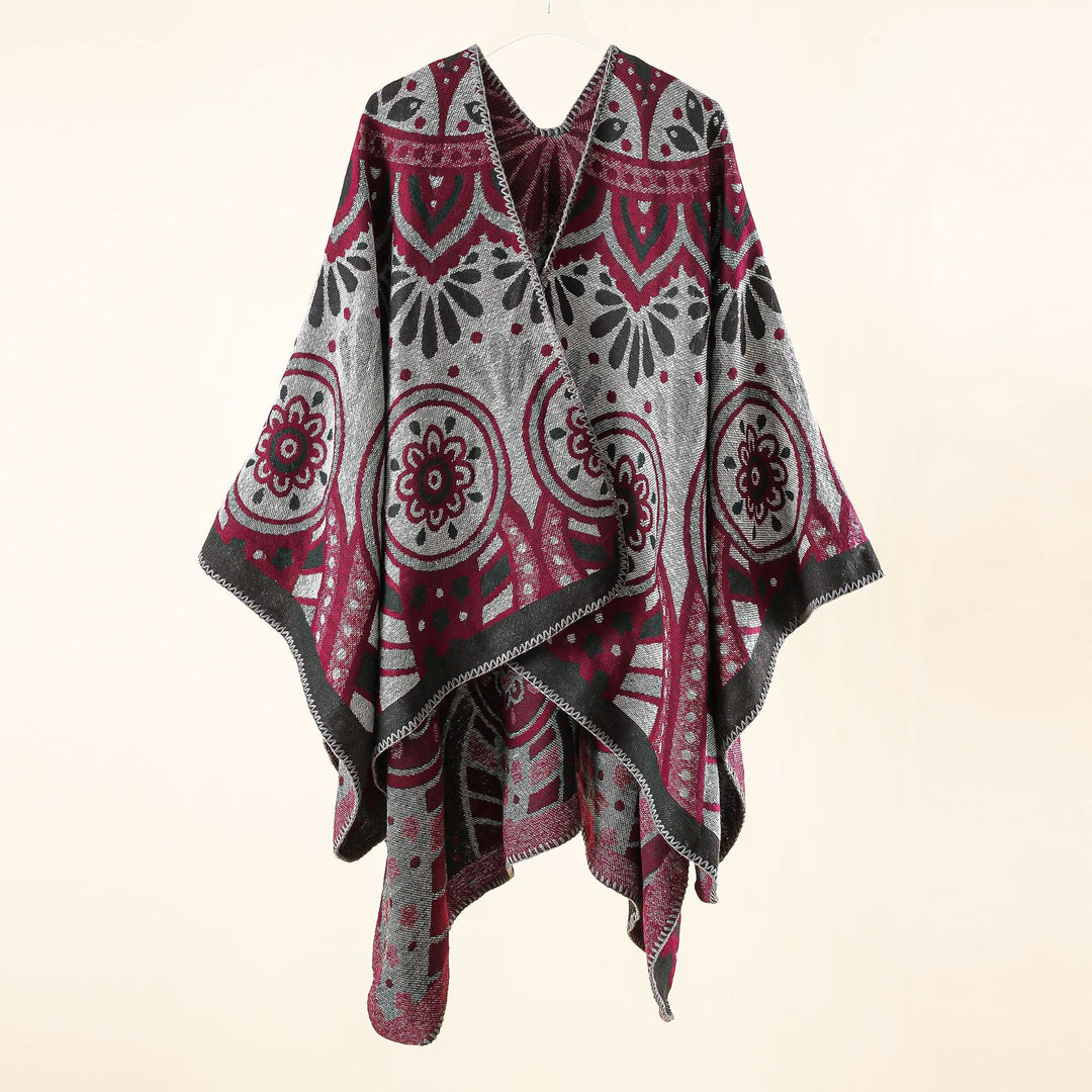 Damen Wollmix-Umhangponcho mit ornamentaler Jacquardstruktur und offenem Fall – Montévia