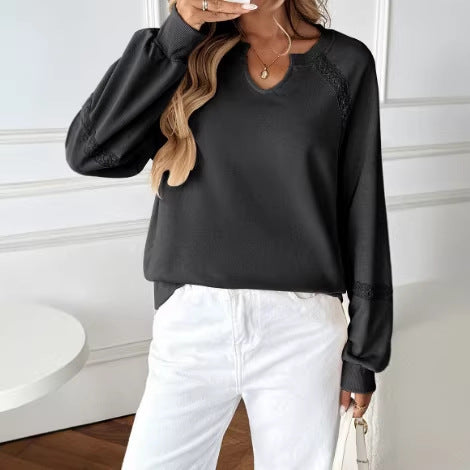 Damen Lässiges Sweatshirt mit V-Notch, Spitzeneinsätzen und Ballonärmeln – Mavelle