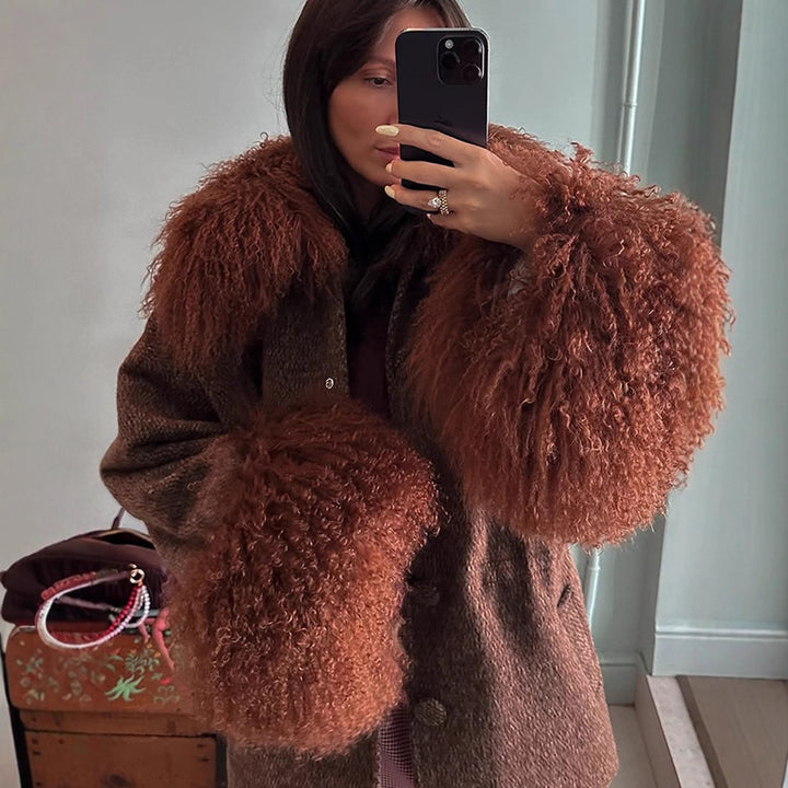 Damen Oversize Wollmix-Marka Mantel mit voluminösem Lammfellimitatkragen und extra weitem Ärmelabschluss Echoarchiv