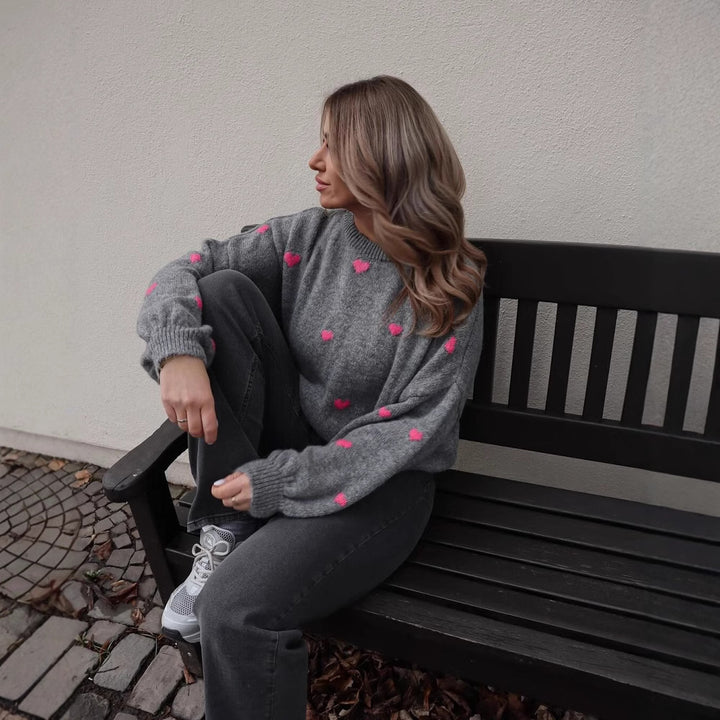Damen nan oversized Strickpullover mit Herzintarsien und Ballonärmeln Echo Archiv