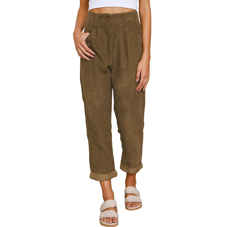 Damen modische Cordhose mit hohem Bund und weitem Bein – Avélisse