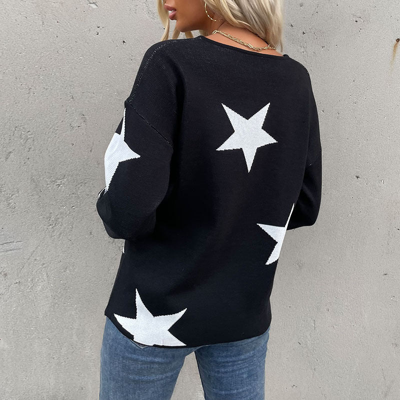 Damen Oversize V‑Ausschnitt Strickpullover mit großem Sternen‑Jacquard Echoarchiv