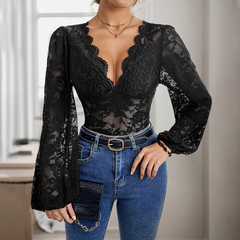 Damen Elegantes Spitzenoberteil mit tiefem V-Ausschnitt Echo Archiv