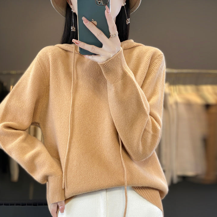 Damen weicher Feinstrick‑Kapuzensweater mit melierter Struktur und gerippten Bündchen Echoarchiv
