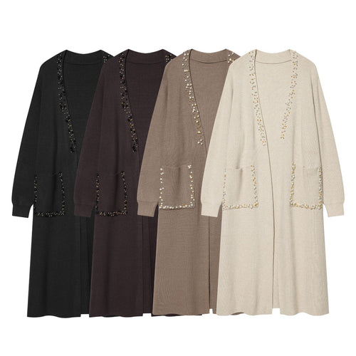 Damen langer Strickcardigan mit Perlenverzierung und aufgesetzten Taschen Echo Archiv