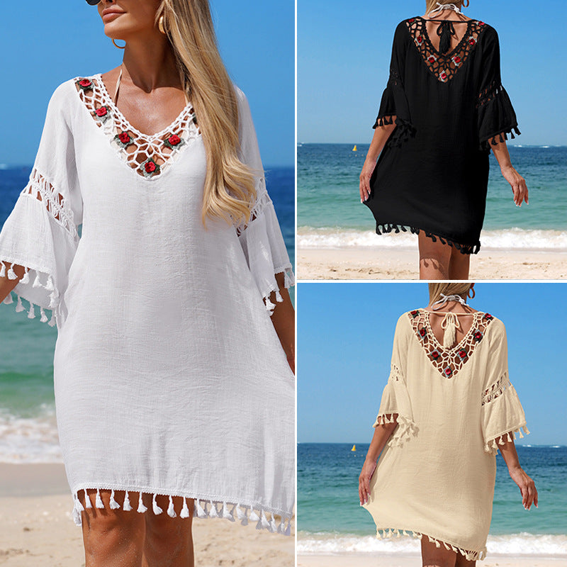 Damen Häkel-Strandkleid mit eleganter Stickerei und Fransen Echo Archiv
