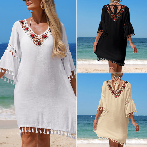 Damen Häkel-Strandkleid mit eleganter Stickerei und Fransen Echo Archiv