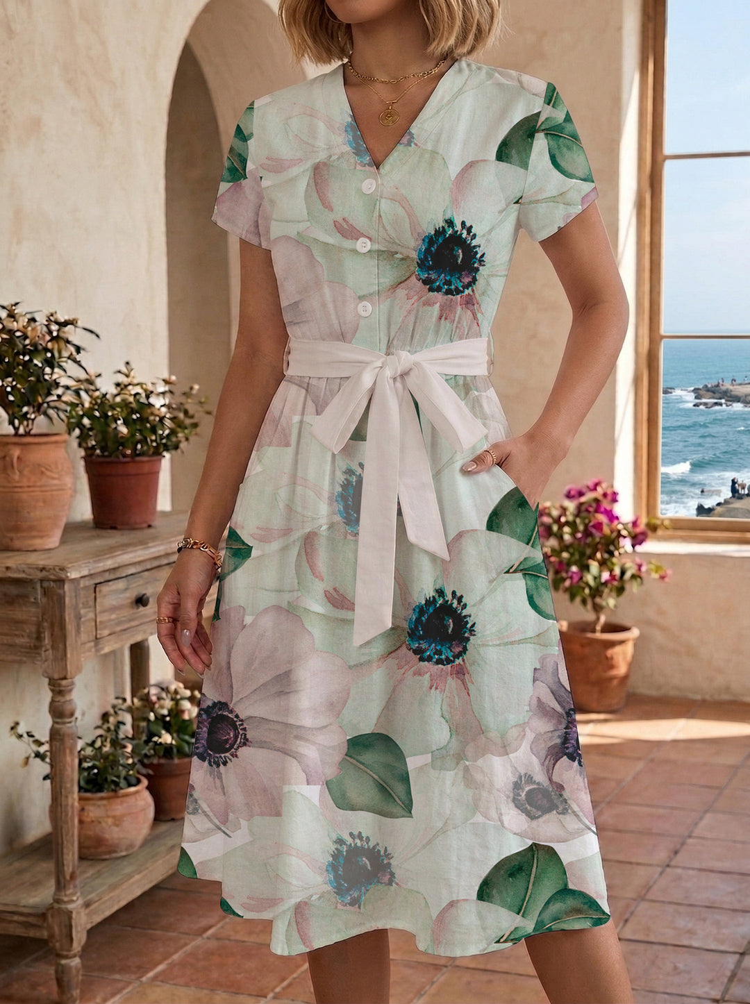 Damen Midikleid mit floralem Muster und Taillengürtel Echo Archiv