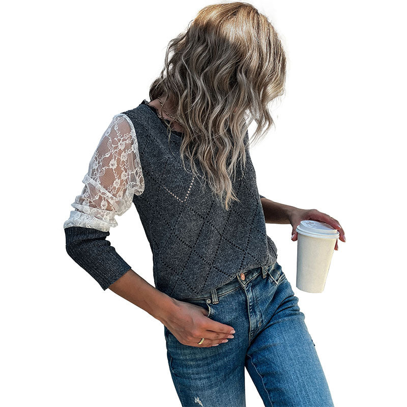 Damen Strickpullunder mit Argyle‑Struktur und transparenten Spitzenärmeln Echoarchiv