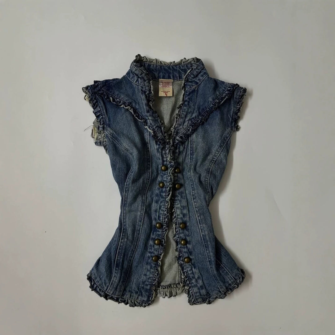Damen Denim-Weste mit verspieltem Rüschendesign Echo Archiv