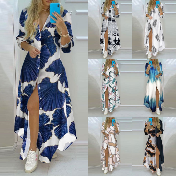 Damen nan knopfbares Maxi-Hemdkleid mit geometrischem Muster, V-Ausschnitt, Kentkragen und hohem Beinschlitz Echo Archiv