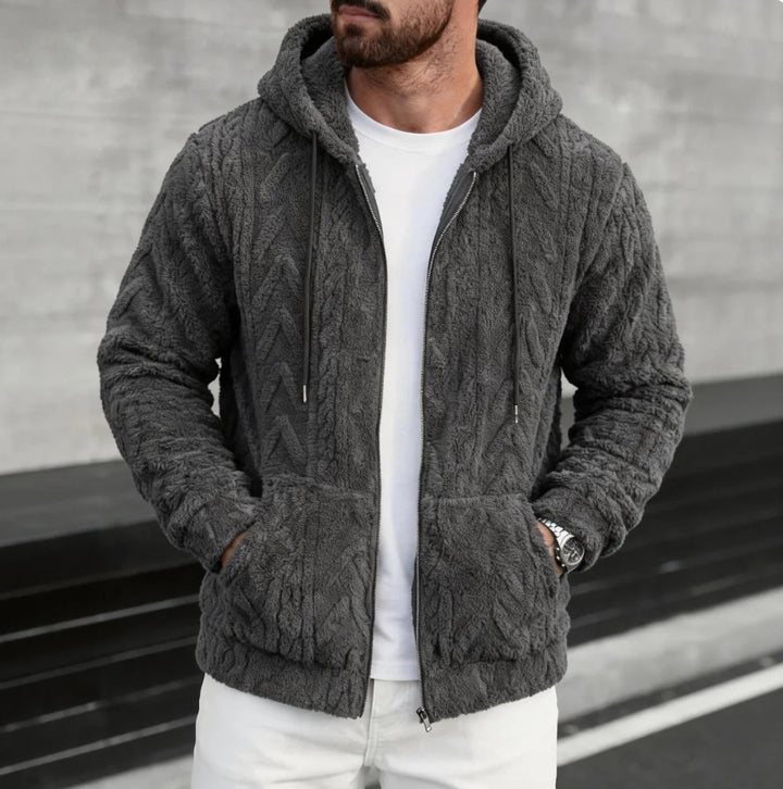 Herren kuschelige Kapuzenjacke aus Teddyfleece mit durchgehendem Reißverschluss und Kängurutaschen – Cavarno