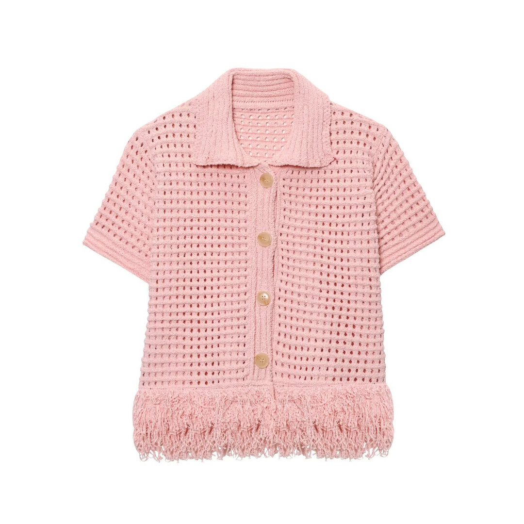 Damen Kurzarm-Strickjacke mit fransigem Saum und dekorativen Knöpfen Echo Archiv