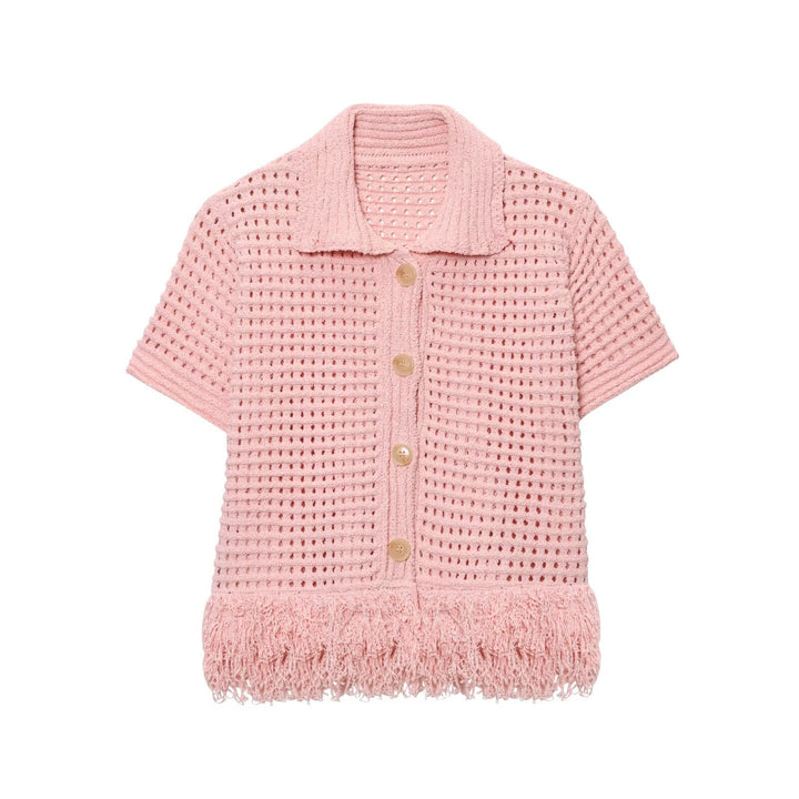 Damen Kurzarm-Strickjacke mit fransigem Saum und dekorativen Knöpfen Echo Archiv