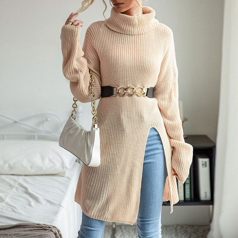 Damen Langer Rollkragen-Strickpullover als Tunika mit hohem Seitenschlitz und Oversize-Ärmeln Echoarchiv