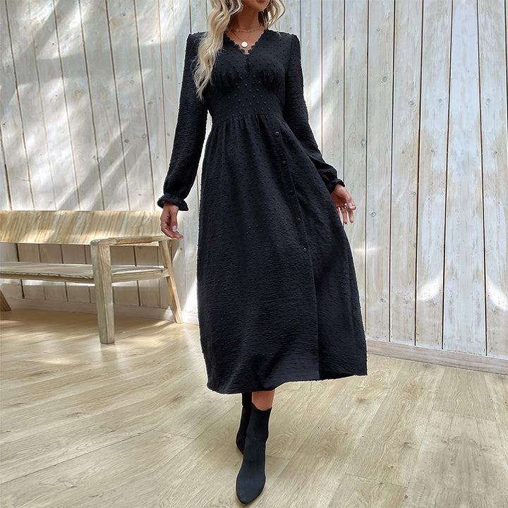Damen Midikleid mit strukturierter Tupfen-Optik, V-Ausschnitt und tailliertem Empire-Schnitt Echoarchiv