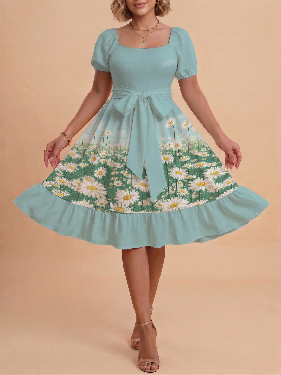 Damen Sommerliches Blumenkleid mit taillierbarem Gürtel und voluminösen Ärmeln Echo Archiv