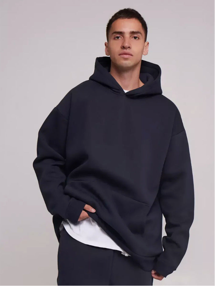 Herren schwerer Fleece-Boxy-Hoodie mit tiefem Schulterfall verstärkter Kapuze und Kängurutasche – Cavarno