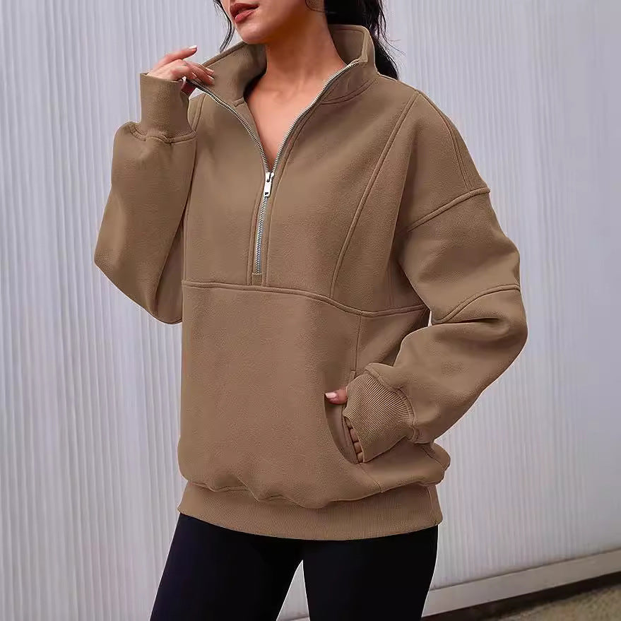 Damen Oversized Sweatshirt mit halbem Reißverschluss, Kängurutasche und Stehkragen Echoarchiv