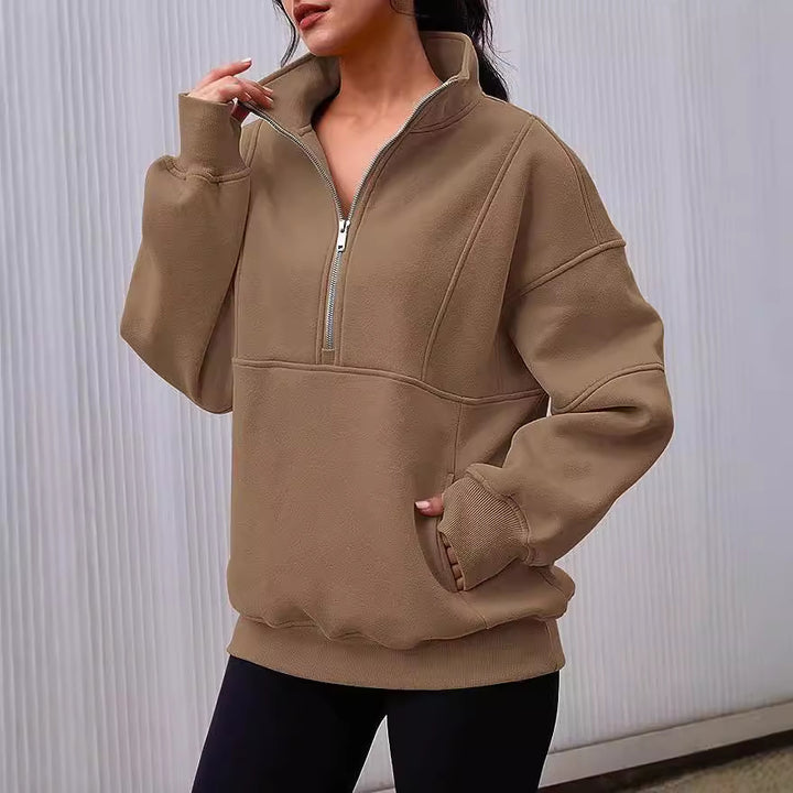 Damen Oversized Sweatshirt mit halbem Reißverschluss, Kängurutasche und Stehkragen Echoarchiv