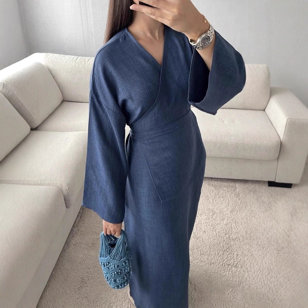 Damen Wickelmaxikleid in Leinenoptik mit Kimonoärmeln und Taillenbund – Valéora