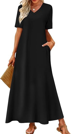 Damen Langes A-Linien-Maxikleid mit V-Ausschnitt, Kurzarm und Eingrifftaschen Echoarchiv