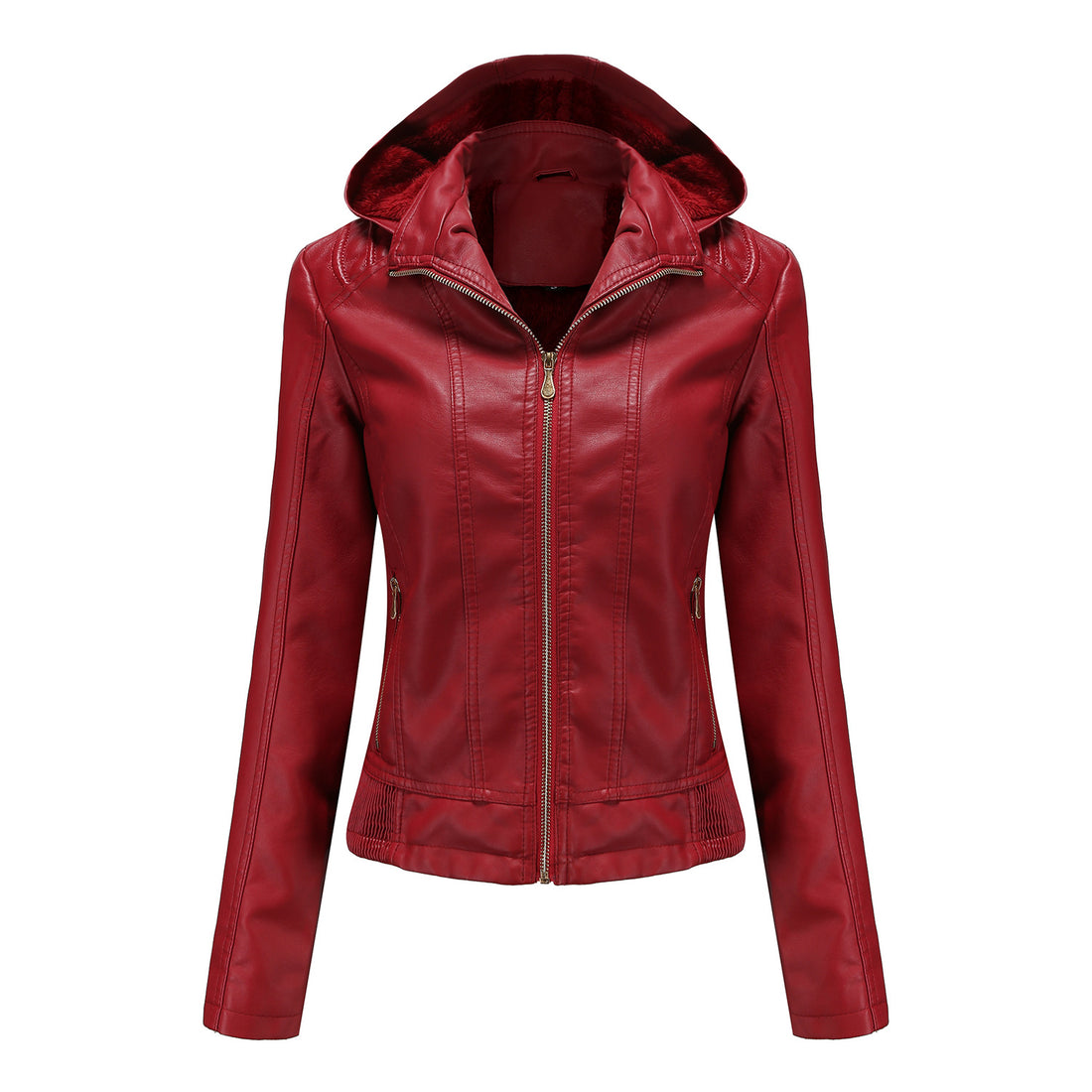Damen taillierte Kunstlederjacke mit Kapuze, wattiertem Innenfutter und verdeckten Reißverschlusstaschen – Célinea