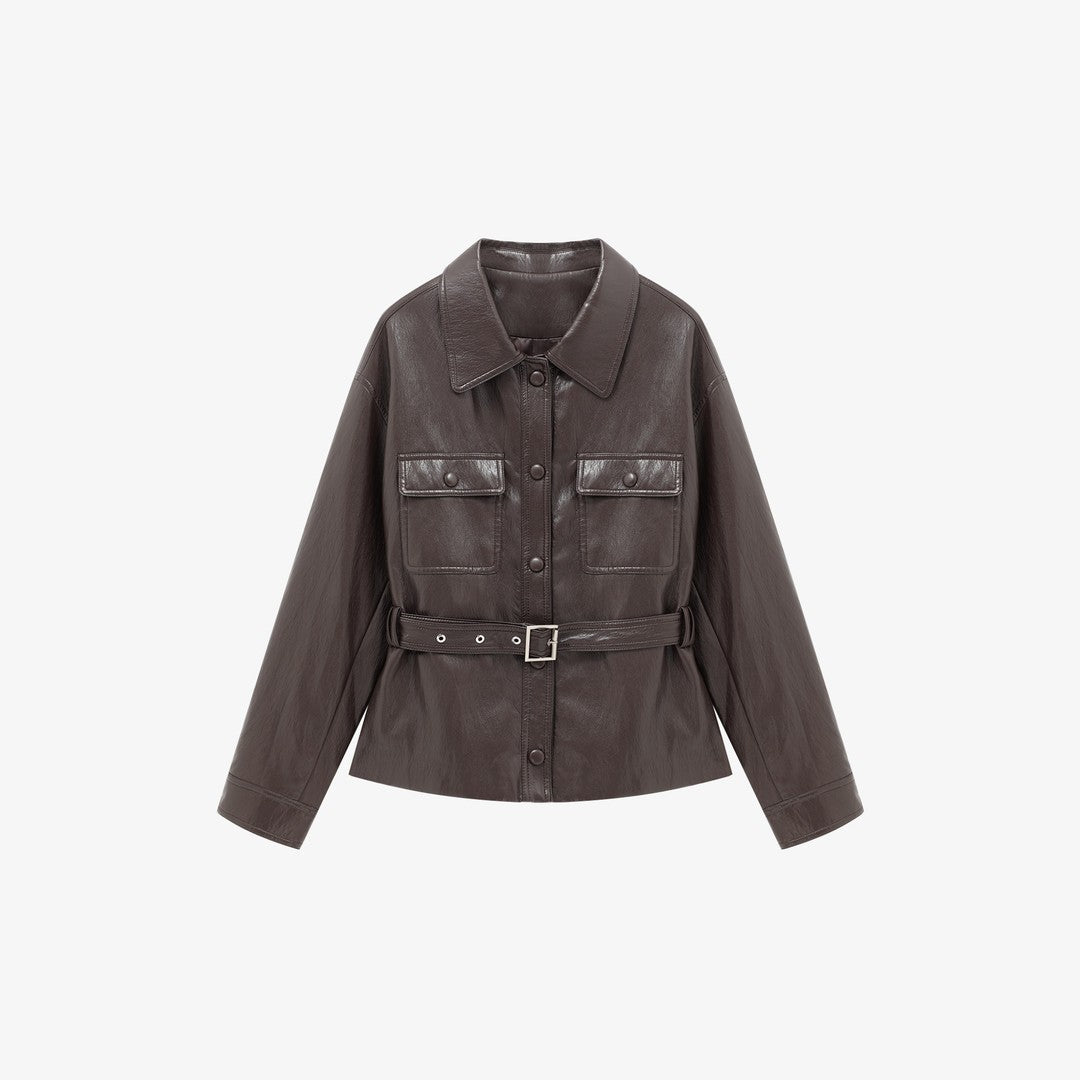 Damen Lederjacke im Oversize-Utility-Stil mit Taillengürtel Echoarchiv