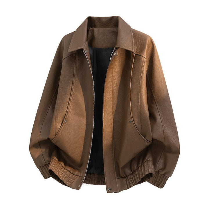 Herren übergroße Kunstleder-Feldjacke mit verdecktem Reißverschluss, elastischem Saum und aufgesetzten Taschen – Taviero
