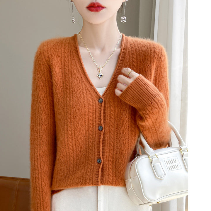 Damen Kurzer Zopfmuster-Cardigan im Mohair-Look mit V‑Ausschnitt und gerippten Bündchen Echoarchiv