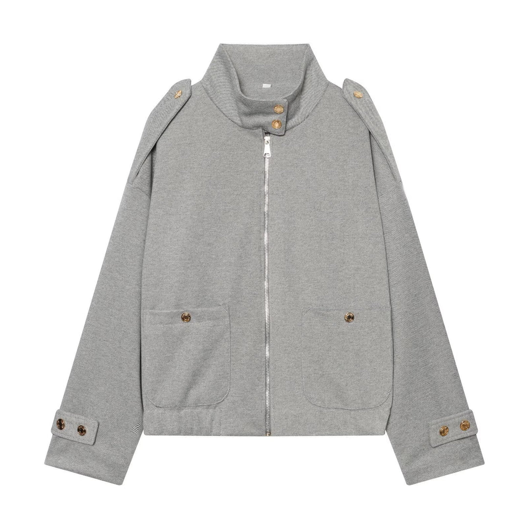 Damen Cropped Utility-Jacke mit hochgeschlossenem Kragen, Schulterklappen und aufgesetzten Pattentaschen Echoarchiv