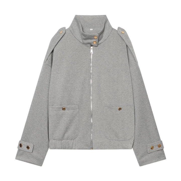 Damen Cropped Utility-Jacke mit hochgeschlossenem Kragen, Schulterklappen und aufgesetzten Pattentaschen Echoarchiv