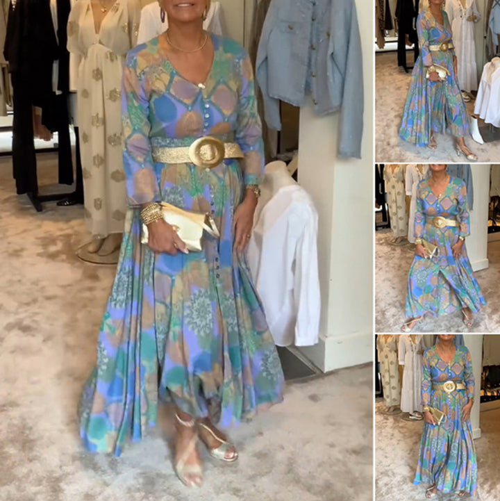 Damen nan gemustertes Maxikleid mit durchgehender Knopfleiste, V-Ausschnitt, langen Ärmeln und plissiertem Rock Echo Archiv