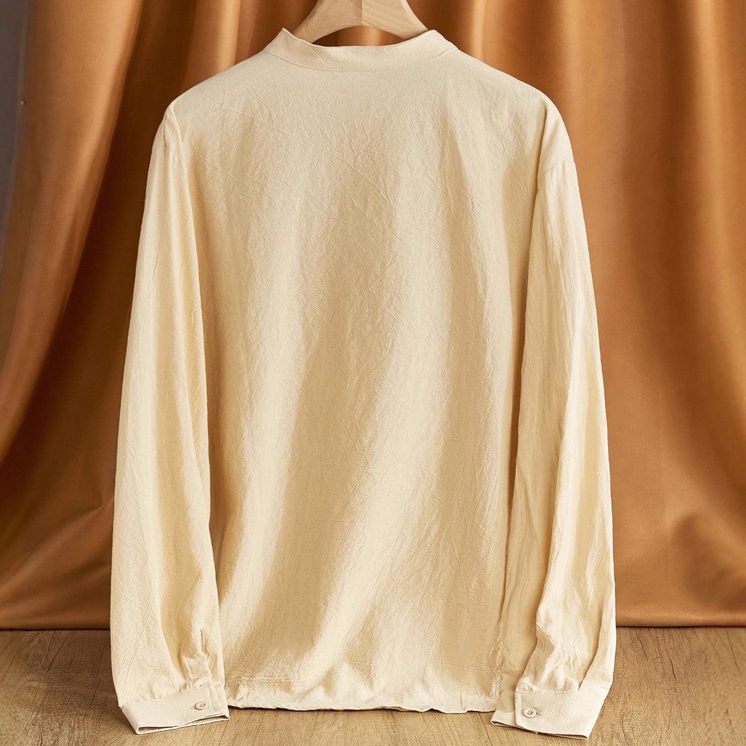 Herren nan Nehru-Kragen-Henley aus Baumwollstretch mit verdeckter Knopfleiste und schmaler Passform Echo Archiv