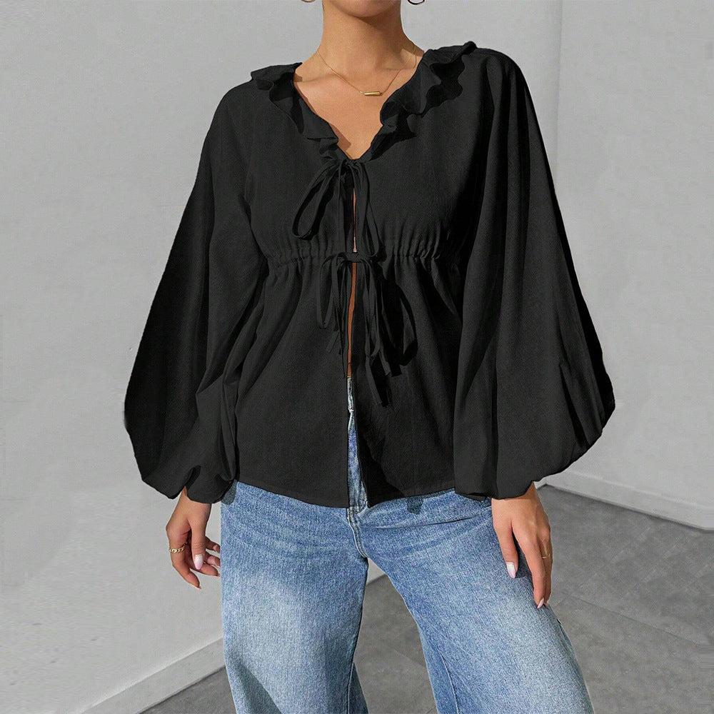 Damen lässige Rüschenbluse mit V‑Ausschnitt, Bindebändern und weiten Ballonärmeln – Élovi