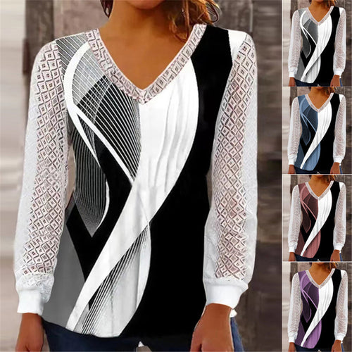 Damen V-Ausschnitt Bluse mit abstraktem Grafikprint und Spitzenärmeln Echo Archiv