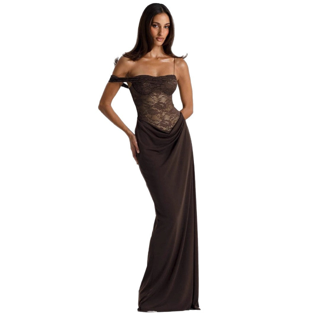 Damen Elegantes Abendkleid mit Spitzenoberteil und fließendem Rockteil Echo Archiv