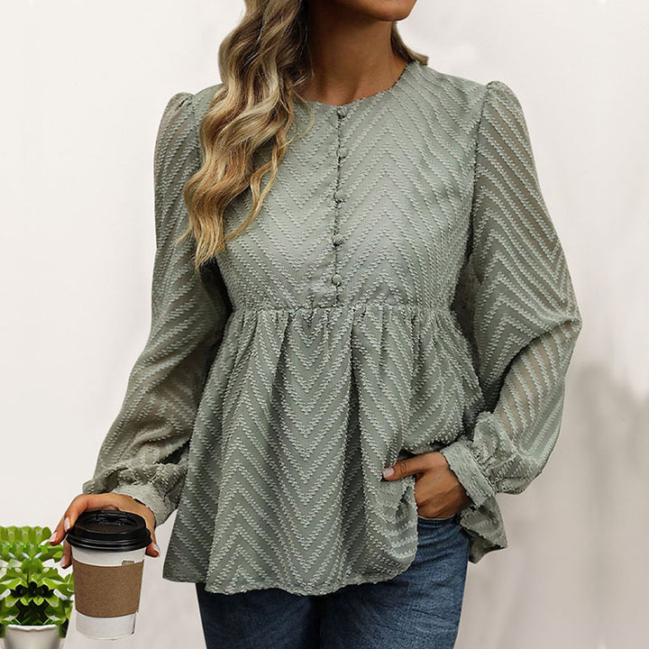 Damen Chiffon-Peplum-Bluse mit Chevron-Struktur, geraffter Empire-Taille & Knopfleiste Echoarchiv