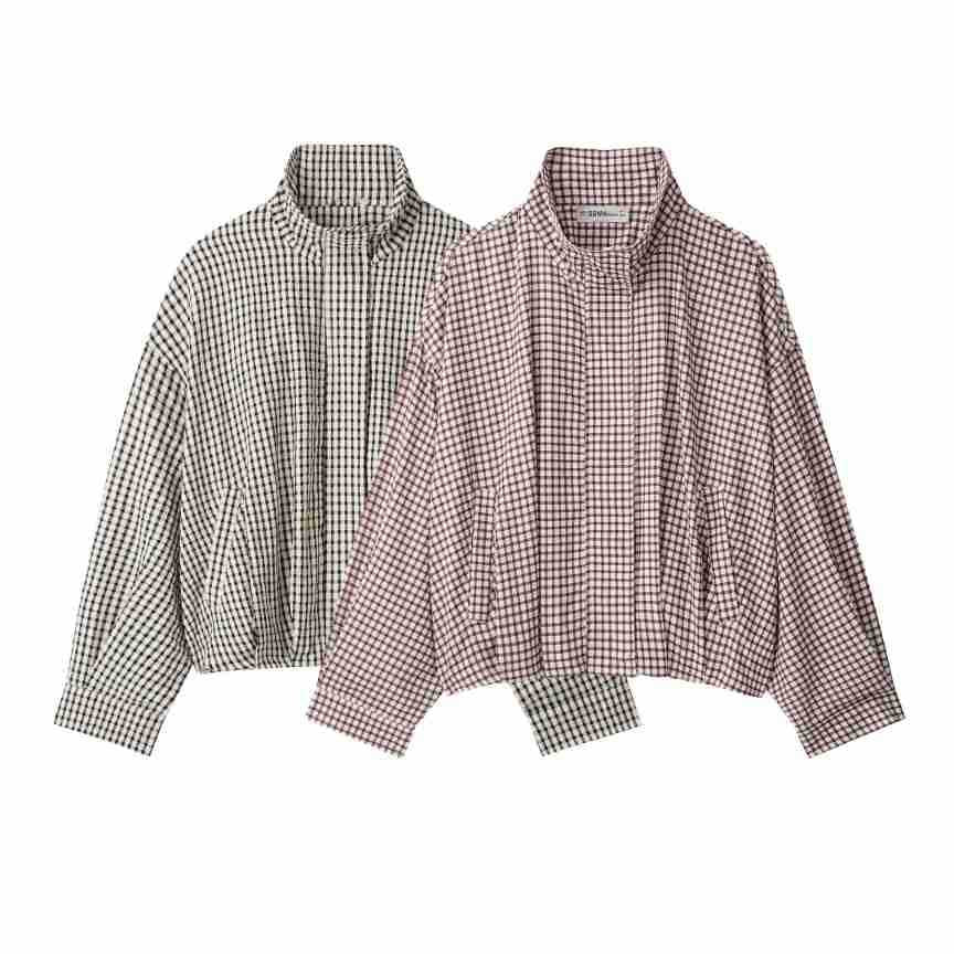 Damen Karo-Overshirt mit Stehkragen und kastiger Cropped-Silhouette Echoarchiv