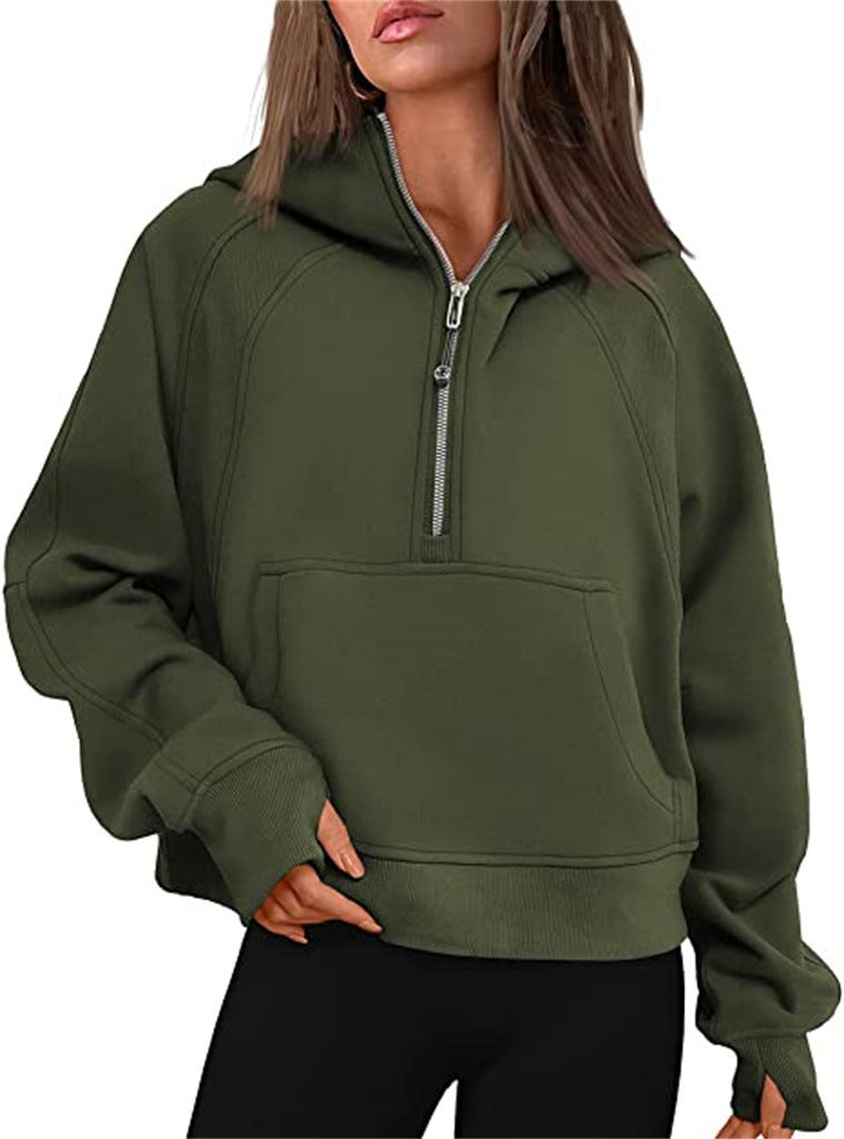 Damen Oversize-Hoodie mit halbem Reißverschluss, Kängurutasche und Daumenlöchern – Auréline
