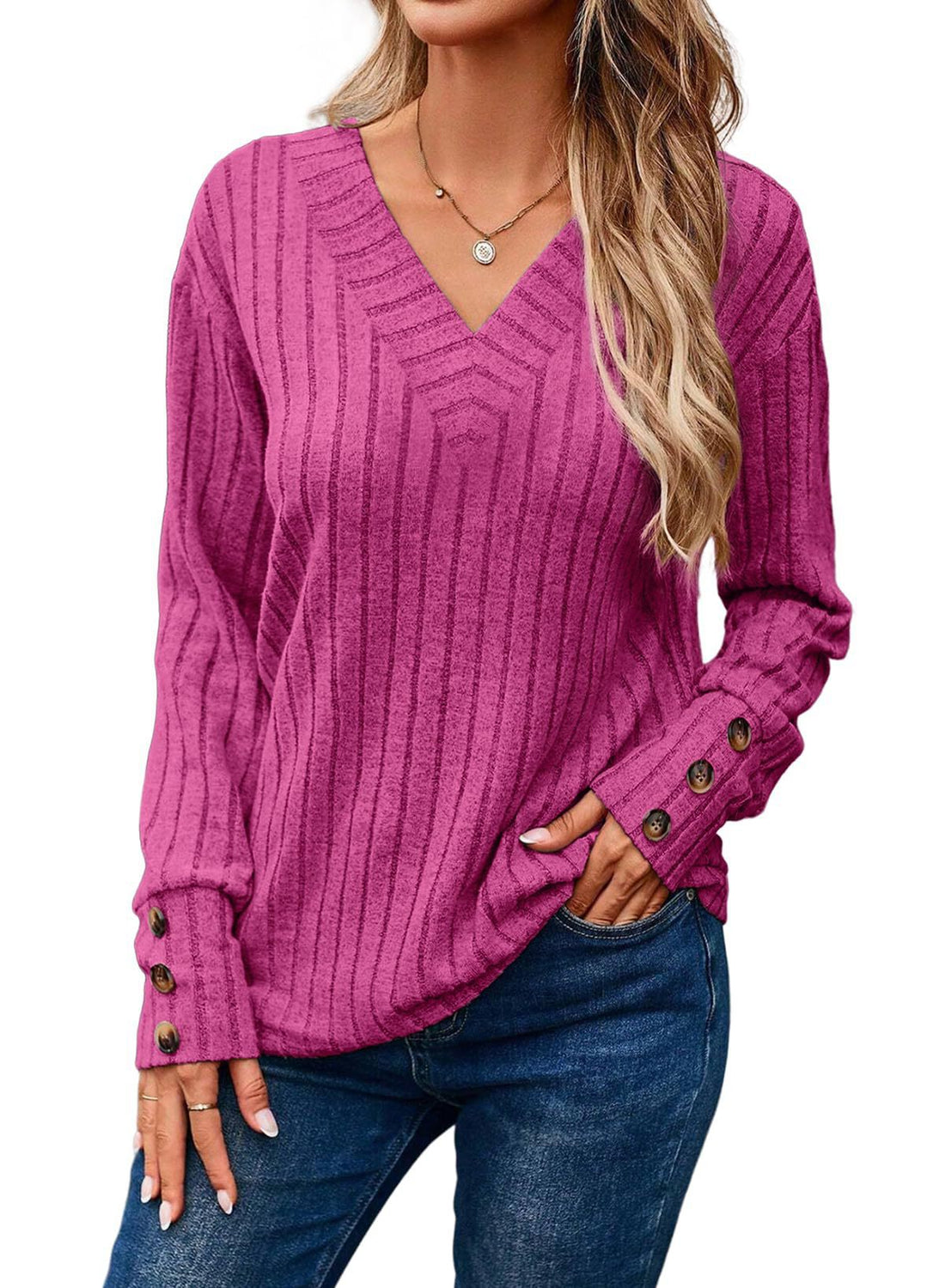 Damen Gerippter V-Ausschnitt Strickpullover mit Knopfmanschetten Echo Archiv