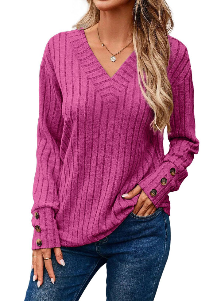 Damen Gerippter V-Ausschnitt Strickpullover mit Knopfmanschetten Echo Archiv