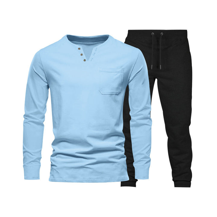 Herren Langarm‑Henley Loungewear‑Set mit Brusttasche und tapered Jogginghose – Marzano
